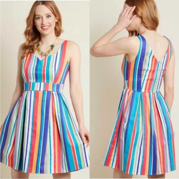 Modcloth Dresses & Skirts - IXIA Modcloth | Colorful Striped A-Line Dress Size Large | Sweetheart Neck